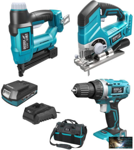 Dedra akkumulátoros fúró-csavarozó + tűzőgép + dekopírfűrész 18 V készlet (akku + töltő + táska)