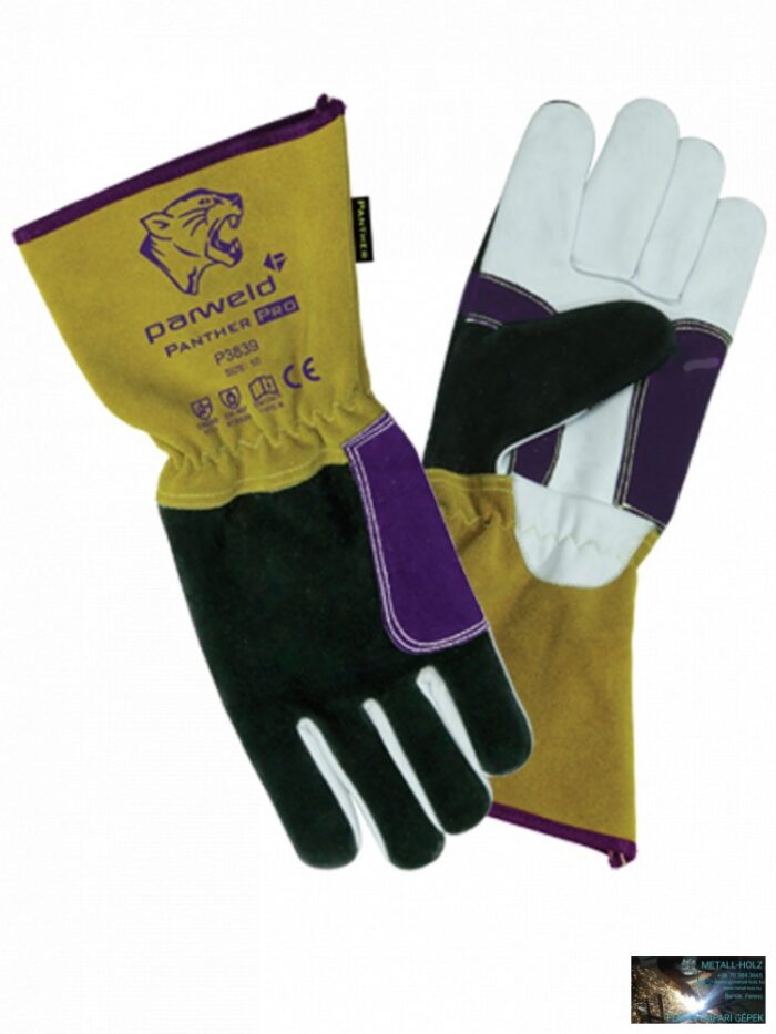 P3839 Panther-Pro AWI kesztyű, extraerős kecskebőr-marhabőr, 10-es sárga/fehér/lila/fekete (10 db/cs) - Image 1